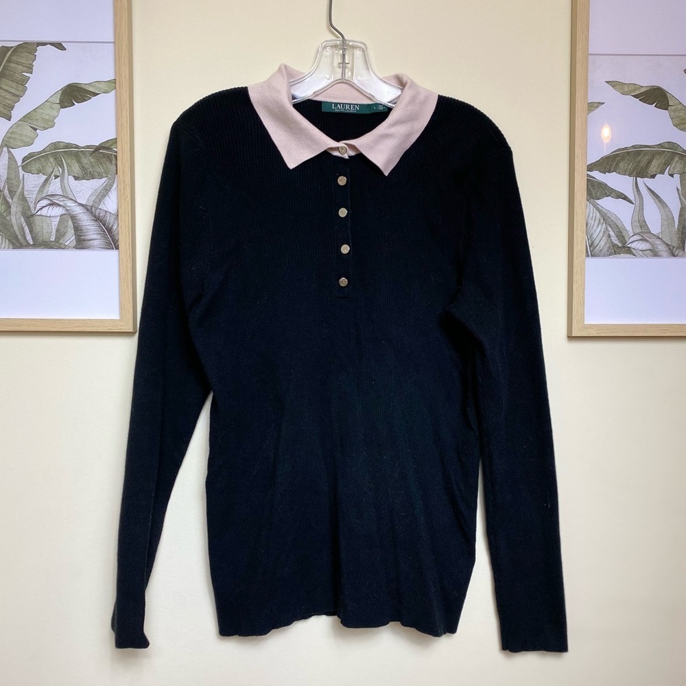 Lauren Ralph Lauren Collar Button Ribbed Sweater Black Large Cotton Blend